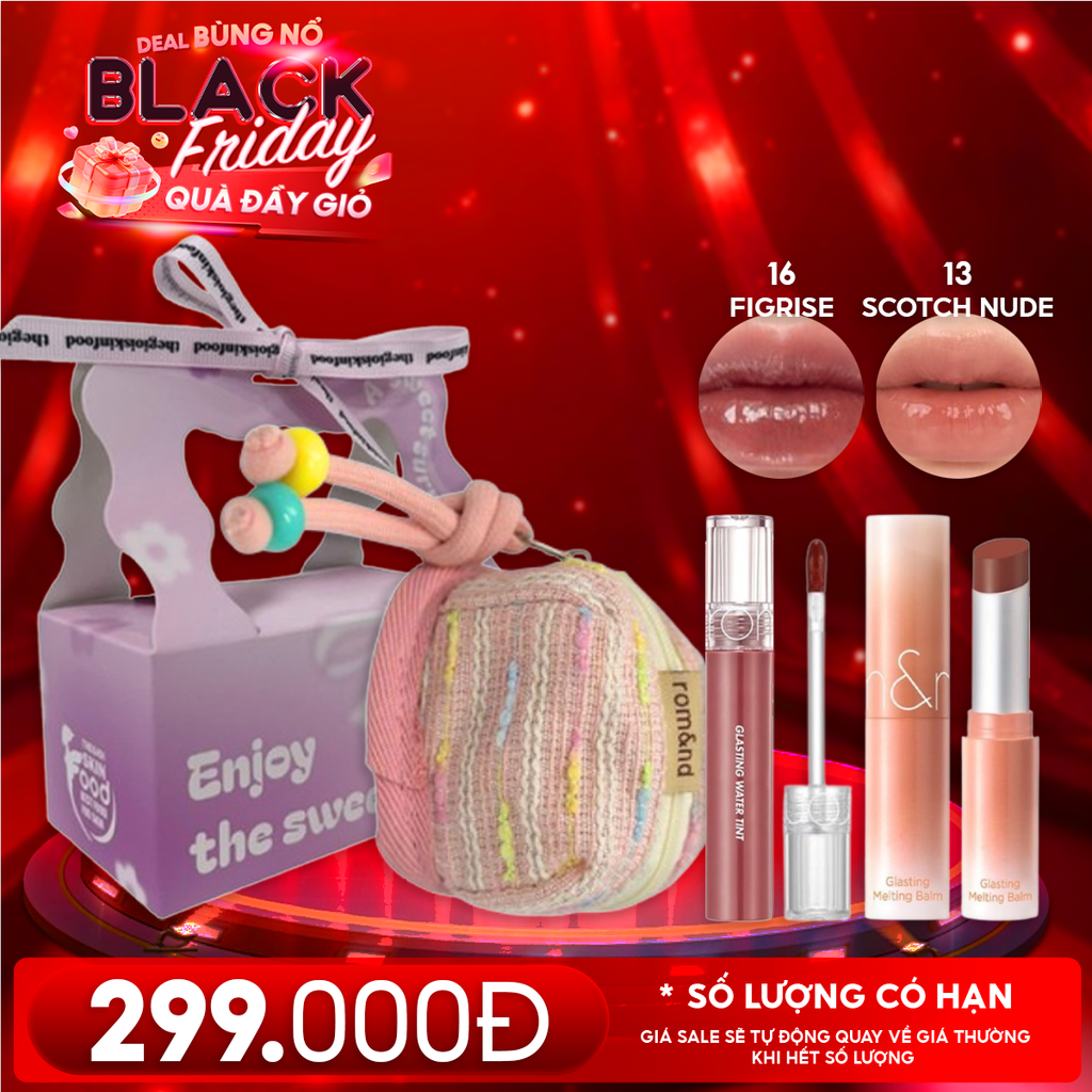 Combo Quà Tặng 20/11: Son Tint Nước Romand Glasting Water Tint + Son Dưỡng Có Màu Romand Glasting Melting Balm + Túi Đựng Airpods + Túi Quà