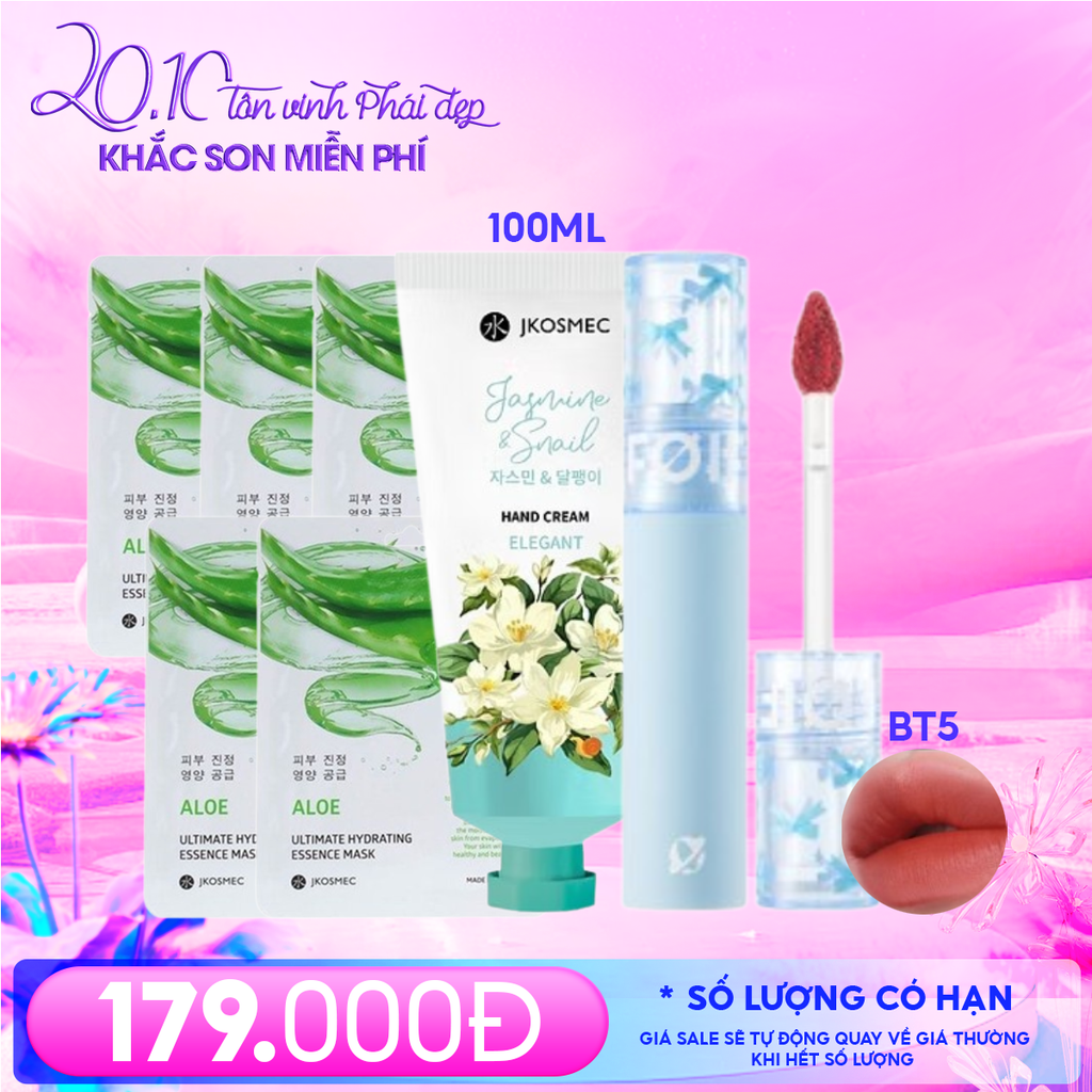 Combo 20/10: Mặt Nạ Jkosmec 25ml #Aloe (5 miếng) + Kem Dưỡng Da Tay Jkosmec 100ml #Jasmine & Snail + Son Kem Lì FOIF 3g #BT5 Over The Brick: Màu cam đỏ chili