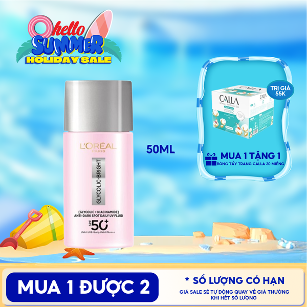  Sữa Chống Nắng Phổ Rộng L'oreal Mỏng Nhẹ, Hỗ Trợ Dưỡng Sáng, Giảm Mờ Thâm Nám Glycolic-Bright Anti-Dark Spot Daily Uv Fluid SPF 50+/PA++++ 50ml 