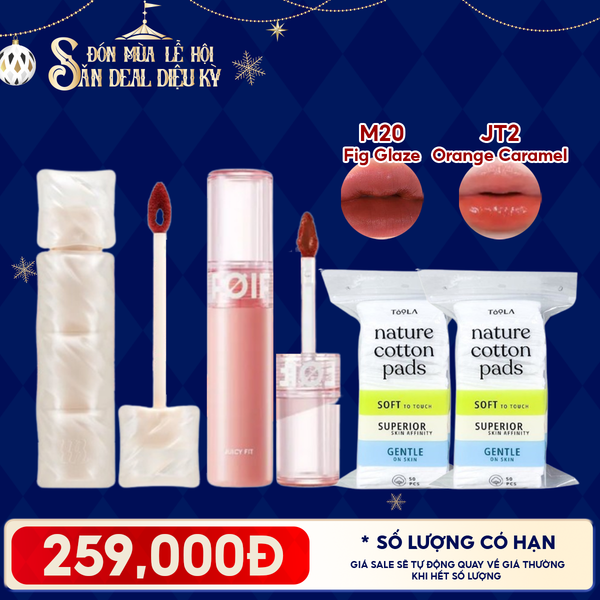  Combo Quà Tặng: Son Kem Lì Merzy Puffer M20 Fig Glaze + Son Tint Bóng Thuần Chay FOIF JT02 Orange Caramel + 2 Bông Tẩy Trang TOOLA - 50 miếng 