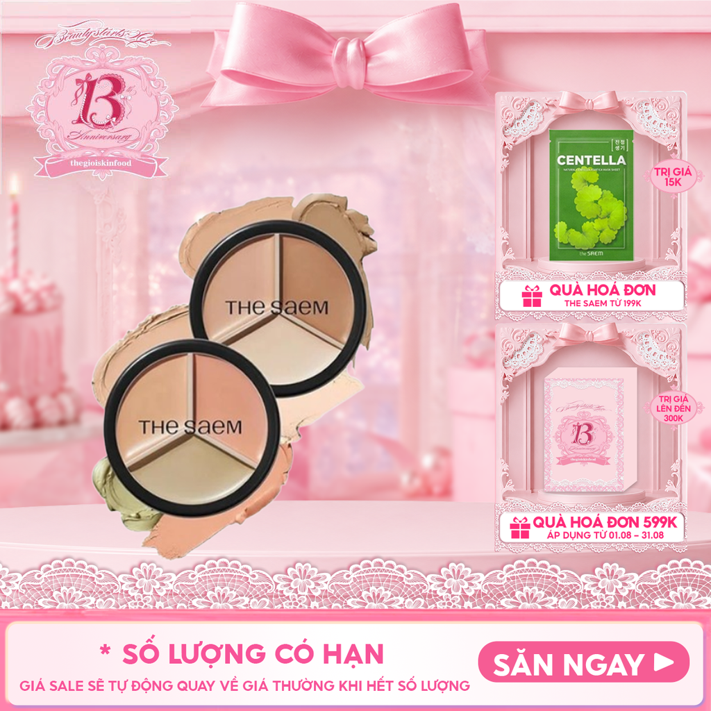 Che Khuyết Điểm Triệt Sắc, Che Phủ Cao The Saem Cover Perfection Triple Pot Concealer SPF28/PA+ 4.5g