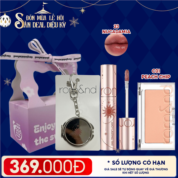  Combo Romand: Son Tint Lì Juicy Solunar Edition + Gương Móc Khóa Romand Solunar + Phấn Má Hồng Better Than Cheek C01 Peach Chip + Túi Quà 