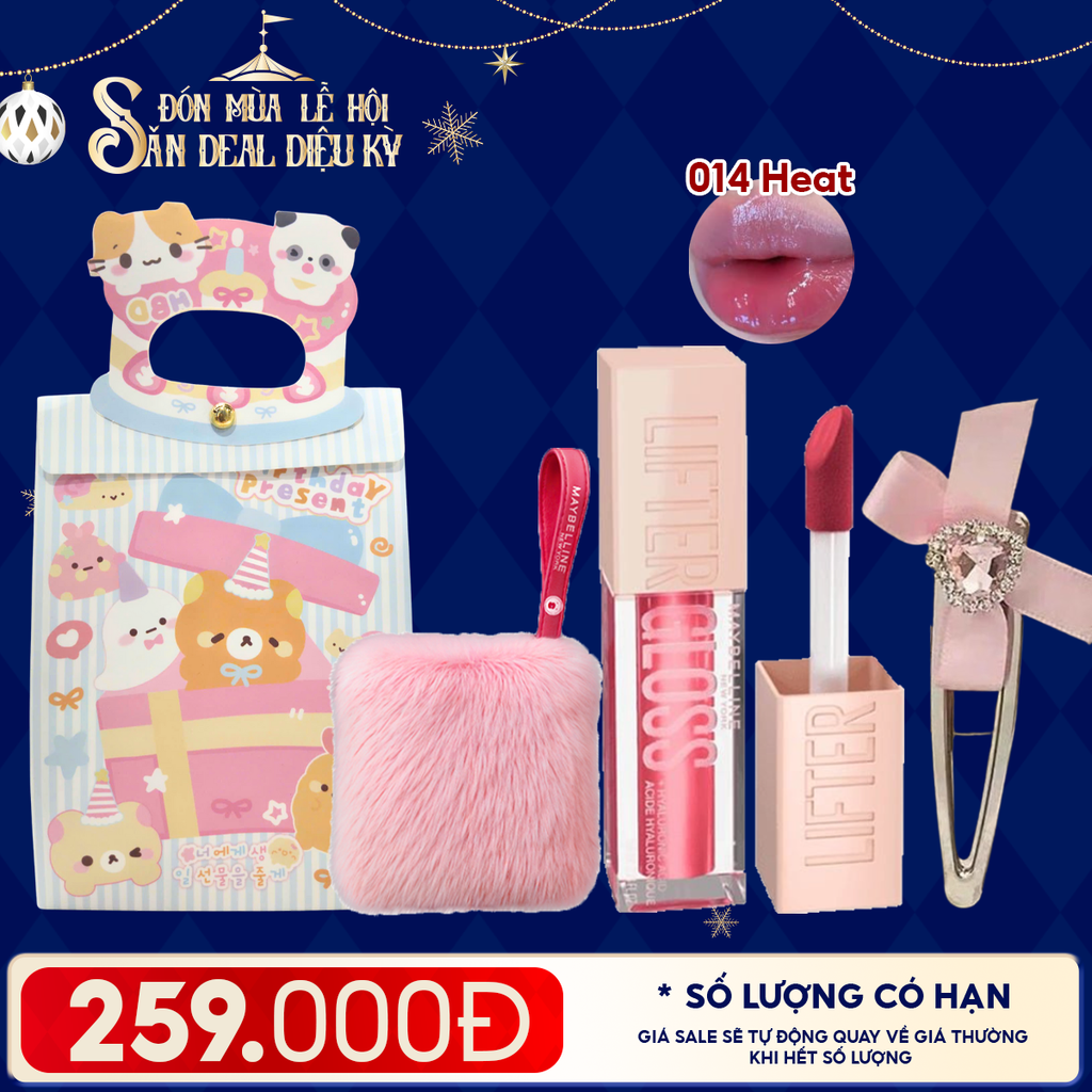 Combo Quà Tặng: Túi Quà + Son Bóng Căng Mọng Maybelline 014 HEAT + Kẹp Tóc + Túi Lông Màu Hồng