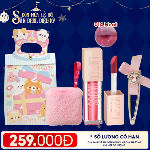  Combo Quà Tặng: Túi Quà + Son Bóng Căng Mọng Maybelline 014 HEAT + Kẹp Tóc + Túi Lông Màu Hồng 