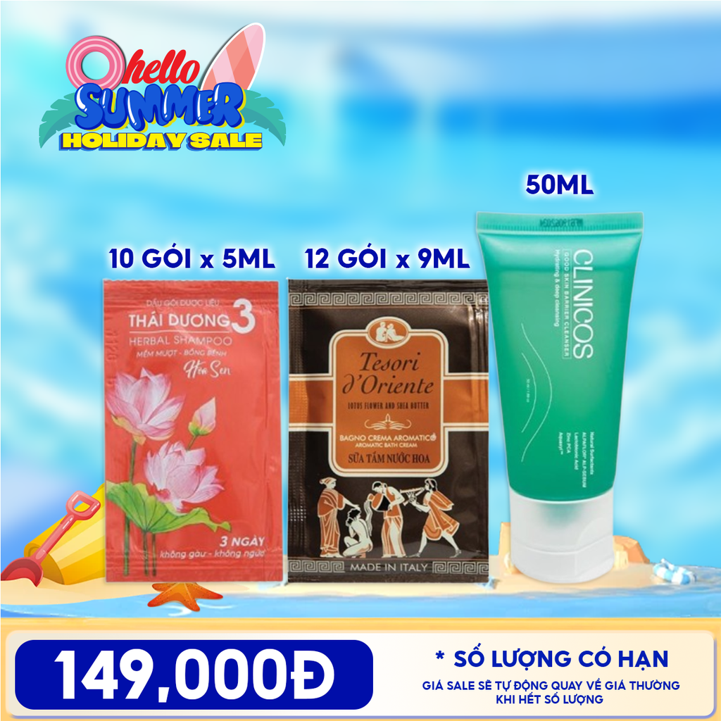 Combo Tiện Lợi: Dây 10 Gói Dầu Gội Dược Liệu Thái Dương 3 + Dây 12 Gói Sữa Tắm Tesori d'Oriente Aromatic Bath Cream + Gel Rửa Mặt Clinicos Thanh Mát Good Skin Barrier Cleanser 50ml