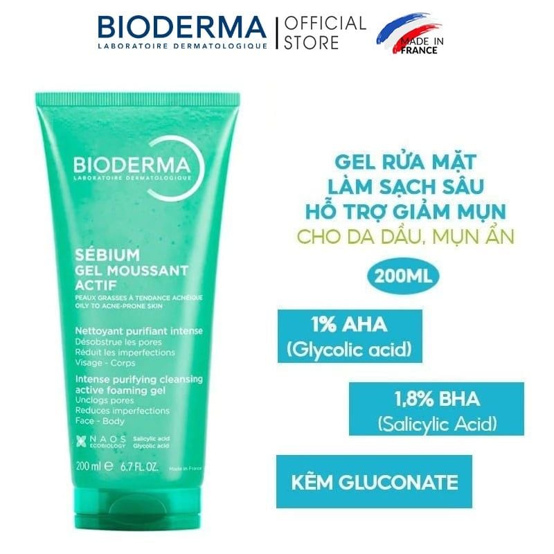 Gel Rửa Mặt Bioderma Làm Sạch Sâu & Hỗ Trợ Giảm Mụn Sebium Gel Moussant Actif 200ml