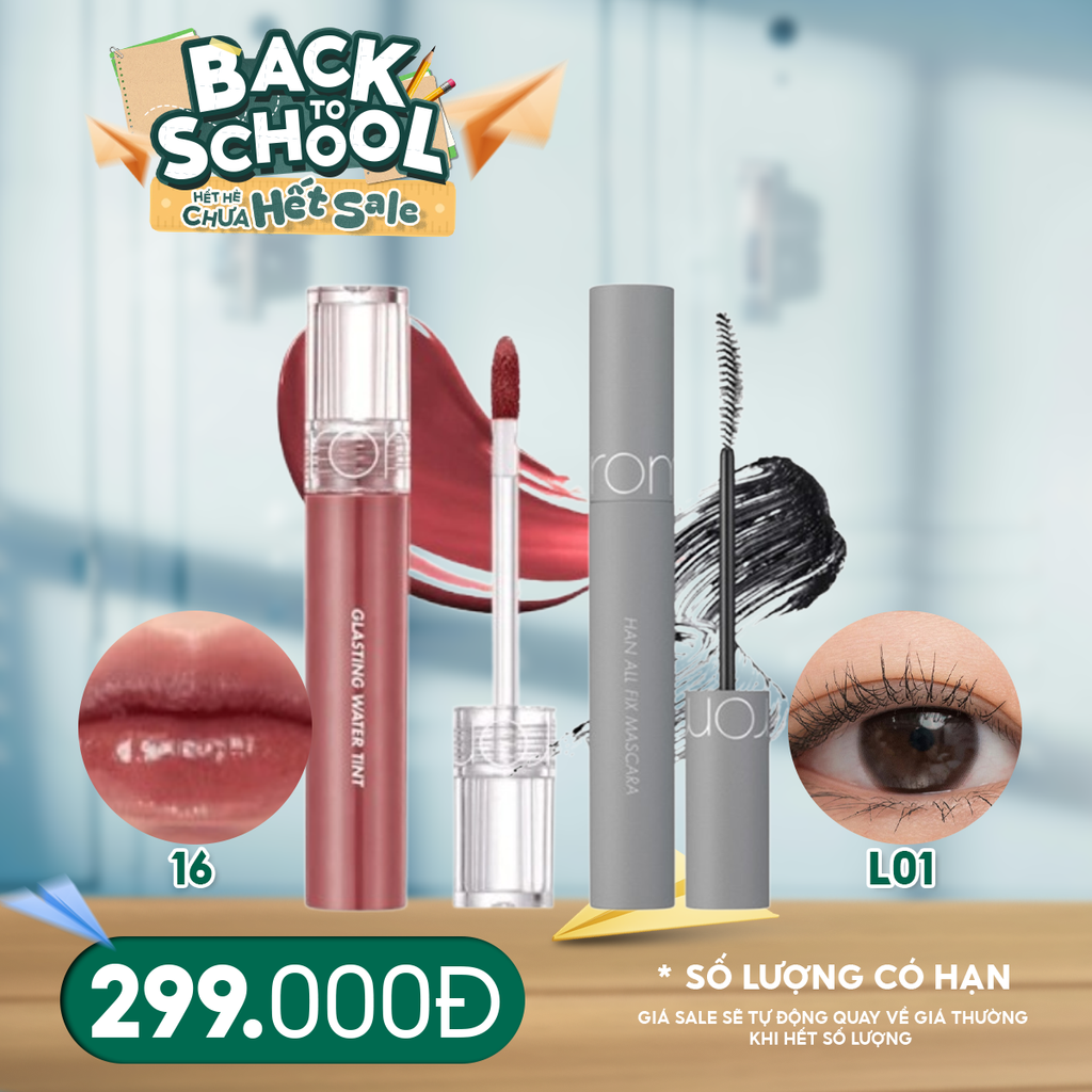Combo Romand 2 Sản Phẩm: Son Tint Romand Glasting Water Tint #16 Figrise + Mascara Chuốt Mi Romand Han All Fix Mascara