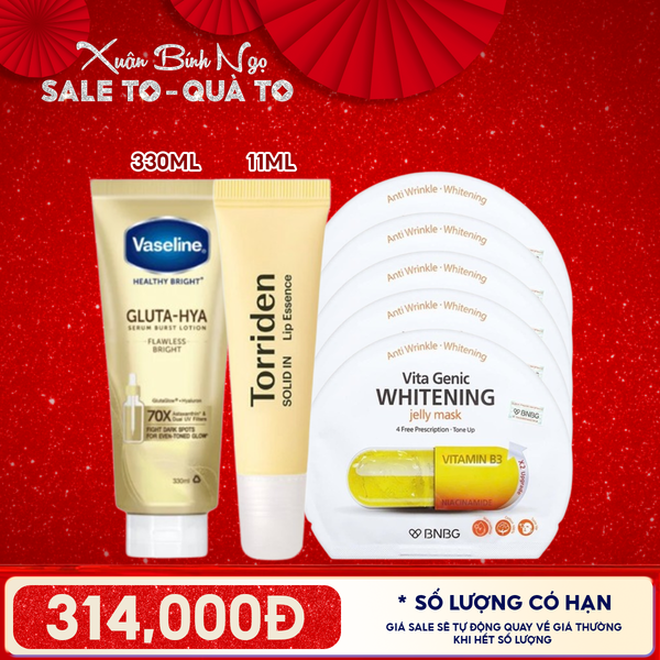  Combo Valentine: Tinh Chất Dưỡng Môi Torriden 11ml + Tinh Chất Dưỡng Thể Body Vaseline BẢO VỆ CHO DA SÁNG MỊN - 330ML + 5 Mặt Nạ Miếng BNBG Dưỡng Ẩm, Hỗ Trợ Dưỡng Trắng, Cải Thiện Làn Da Hàn Quốc (Vitamin A, B, B3, E) 
