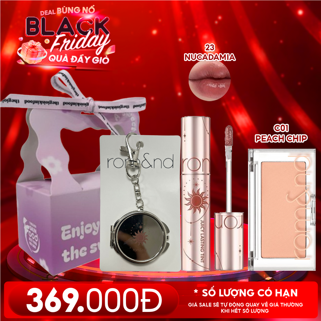 Combo Romand: Son Tint Lì Juicy Solunar Edition + Gương Móc Khóa Romand Solunar + Phấn Má Hồng Better Than Cheek C01 Peach Chip + Túi Quà