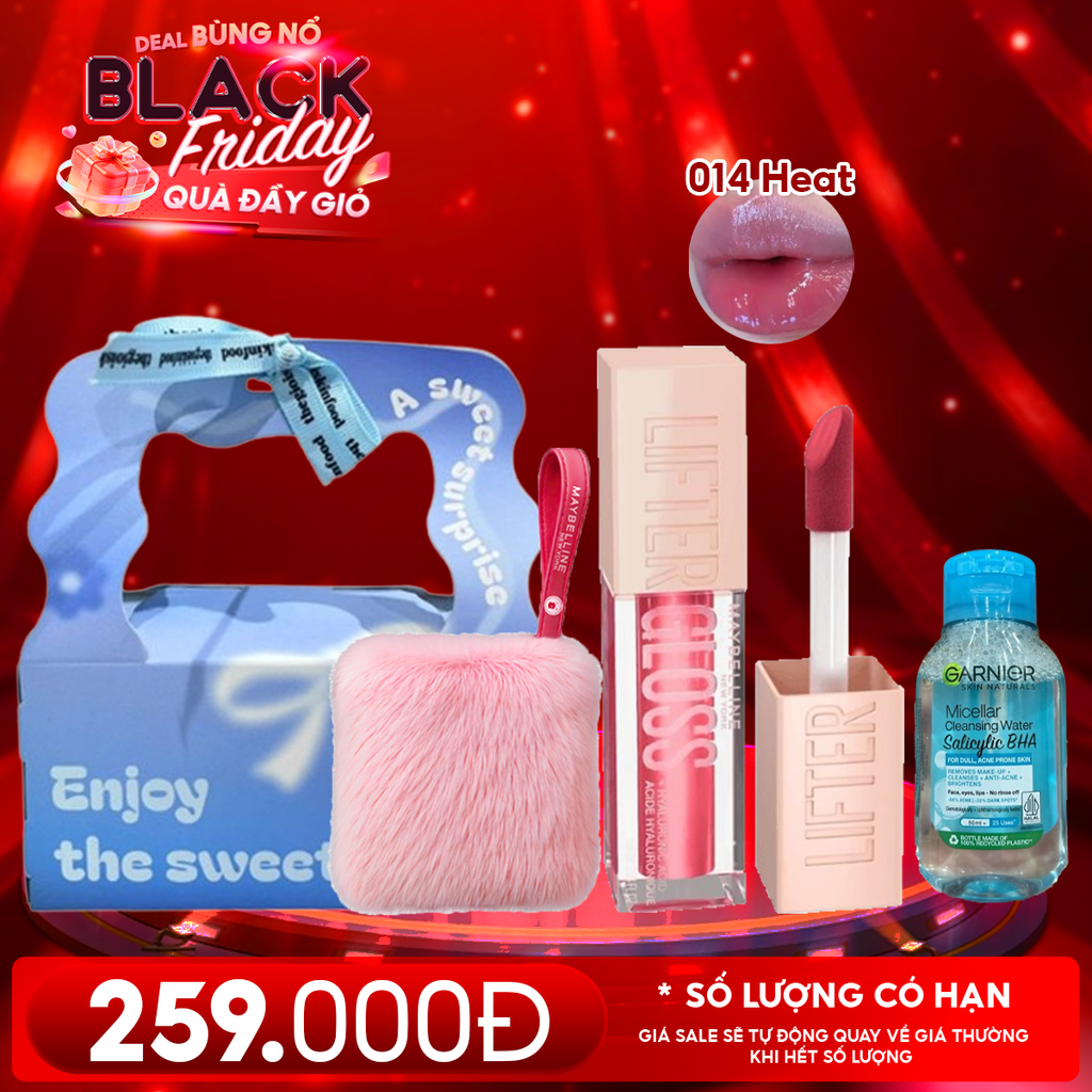 Combo Quà Tặng 20/11: Túi Quà + Son Bóng Căng Mọng Maybelline 014 HEAT + Nước Tẩy Trang Da Dầu Mụn Garnier 50ML + Túi Lông Màu Hồng