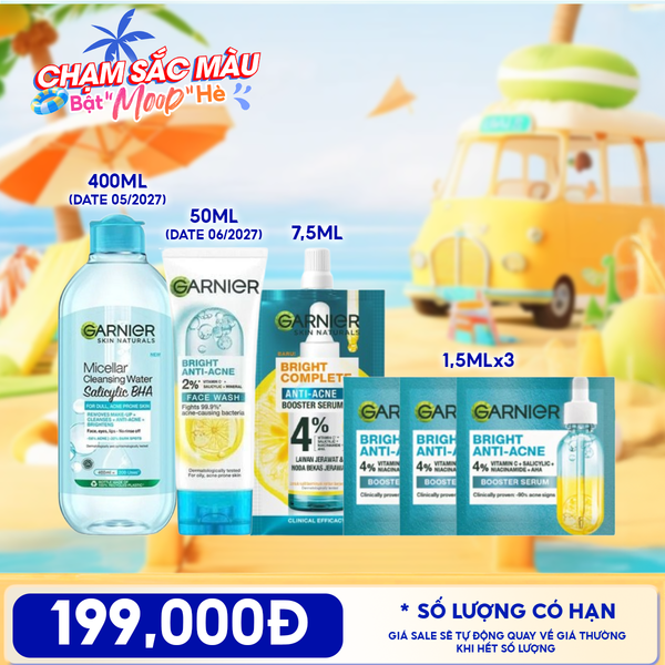  Combo Travel: Tinh Chất Dưỡng Sáng Da Garnier Serum 7.5ml + 3 Sản Phẩm Tinh Chất Dưỡng Sáng Da Garnier Serum 1.5ml + Nước Tẩy Trang Garnier Làm Sạch Sâu Micellar Cleansing Water + Sữa Rửa Mặt Garnier 50ml 