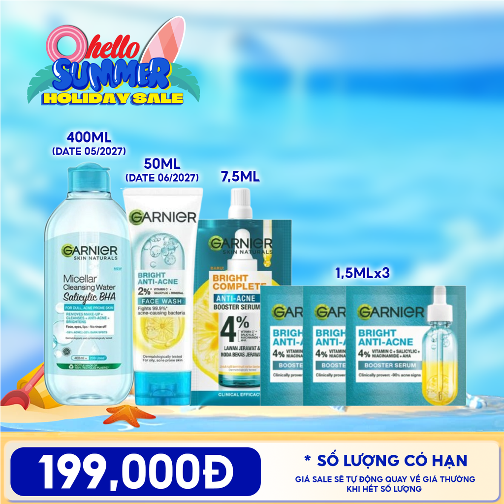 Combo Travelsize: Tinh Chất Dưỡng Sáng Da Garnier Serum 7.5ml + 3 Sản Phẩm Tinh Chất Dưỡng Sáng Da Garnier Serum 1.5ml + Nước Tẩy Trang Garnier Làm Sạch Sâu Micellar Cleansing Water + Sữa Rửa Mặt Garnier 50ml