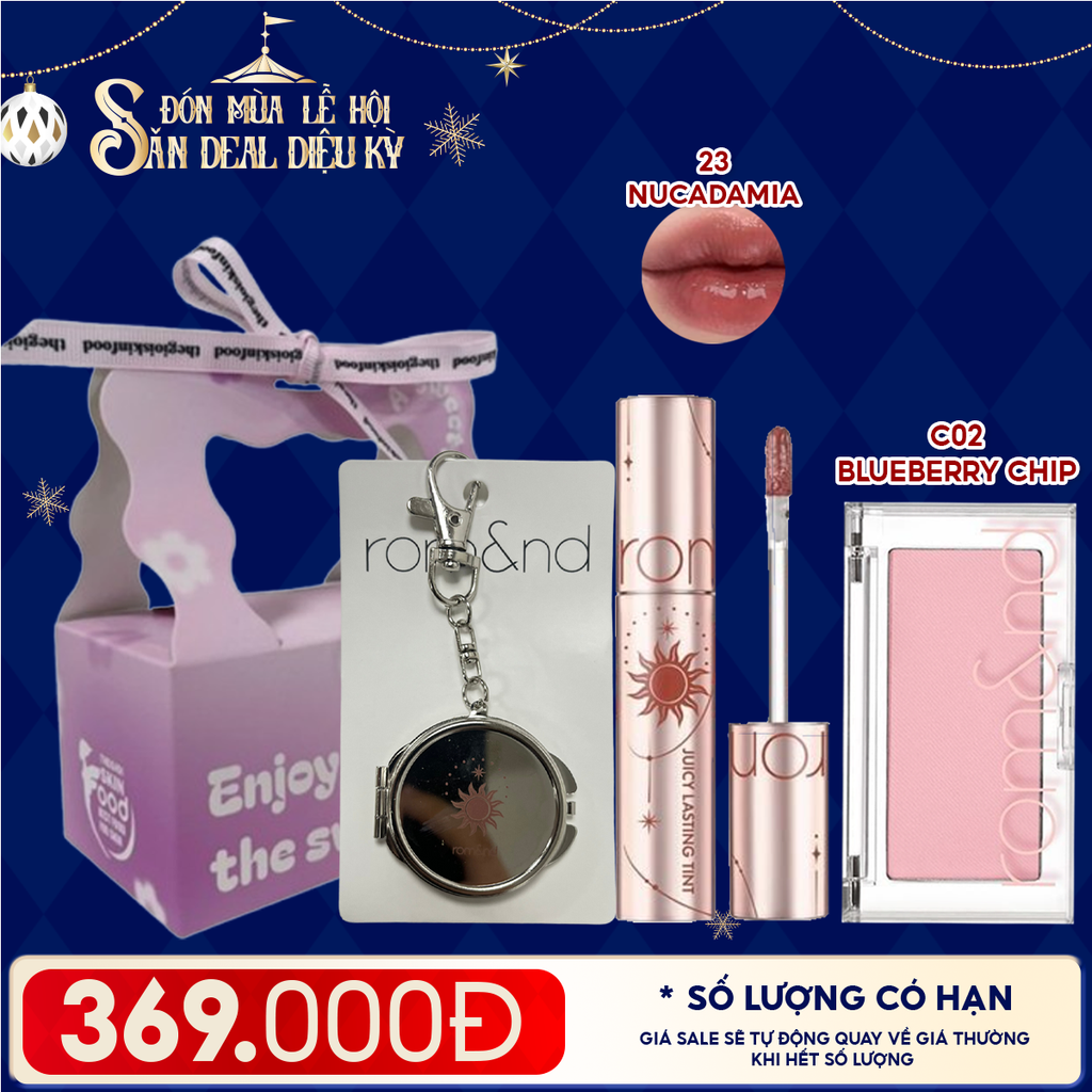 Combo Romand: Son Tint Lì Juicy Solunar Edition + Gương Móc Khóa Romand Solunar + Phấn Má Hồng Better Than Cheek C02 Blueberry Chip + Túi Quà