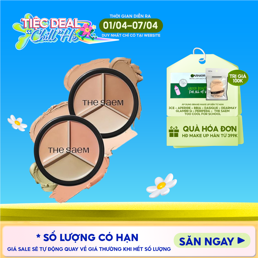 Che Khuyết Điểm Triệt Sắc, Che Phủ Cao The Saem Cover Perfection Triple Pot Concealer SPF28/PA+ 4.5g