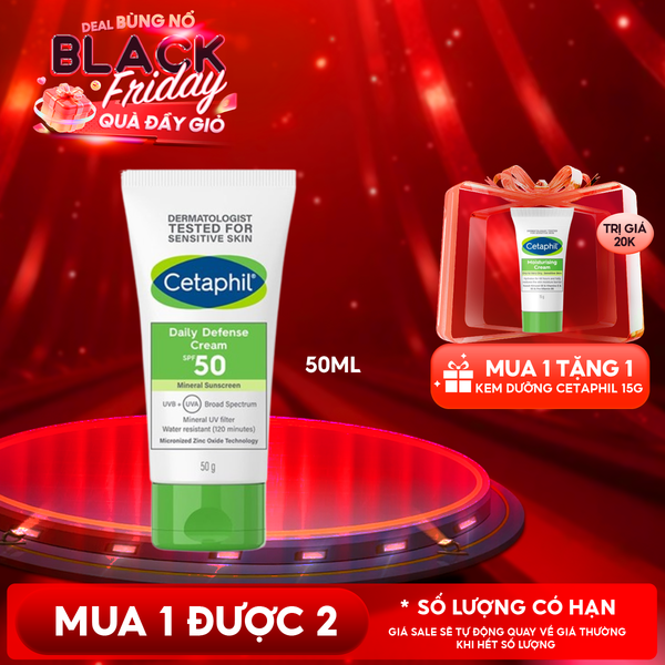  Kem Chống Nắng Cetaphil Dưỡng Ẩm 2in1 Cho Da Thiên Dầu, Nhạy Cảm Daily Defense Cream SPF50 UVB+UVA 50g 