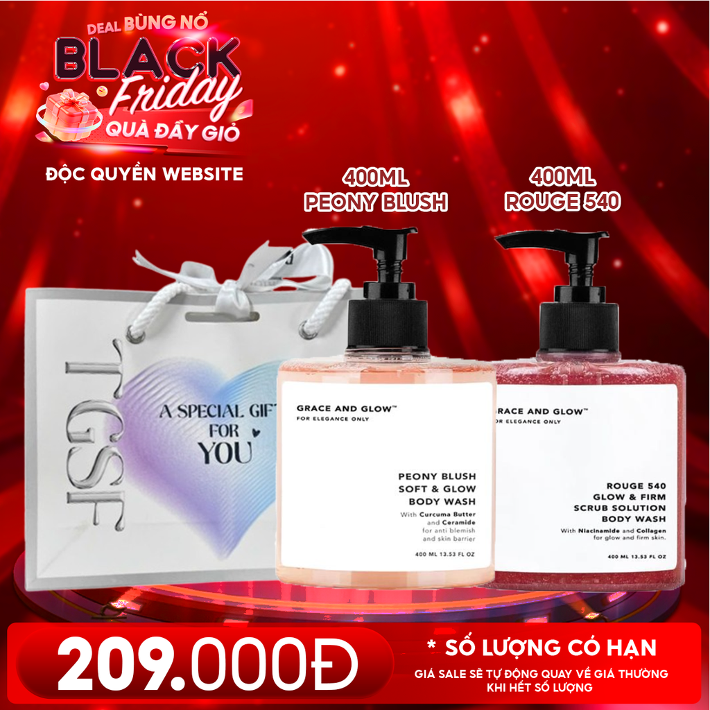 Combo Quà Tặng 20/11: 2 Chai Sữa Tắm Grace And Glow Dưỡng Ẩm, Hỗ Trợ Làm Trắng Da, Tẩy Tế Bào Chết 400ml + Túi Quà