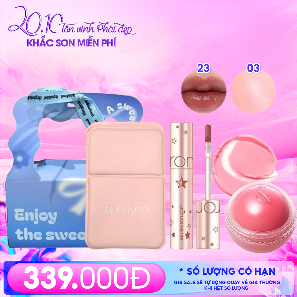 Combo Quà Tặng 20/10: Túi Quà + Son Tint Lì Romand Starry Edition 23 + Má Hồng Kem Romand 03 White Peach + Gương Make Up