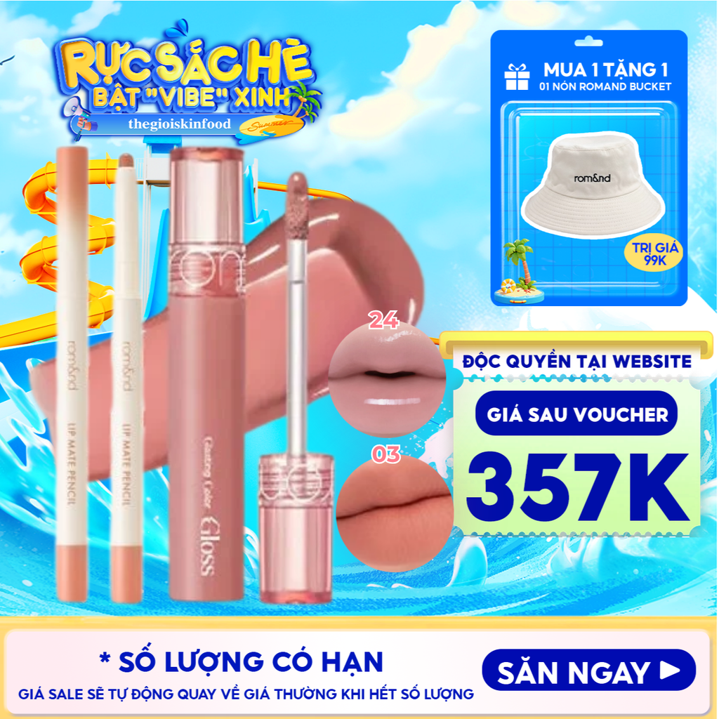 Combo Romand: Son Bóng Romand Glasting Color Gloss + Chì Kẻ Viền Môi Romand 2 Đầu Lip Mate Pencil