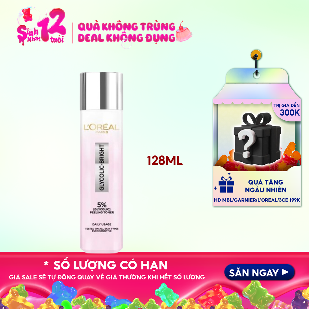 Nước Dưỡng L'oreal Hỗ Trợ Làm Sáng Da Glycolic - Bright Glowing Peeling Toner 128ml