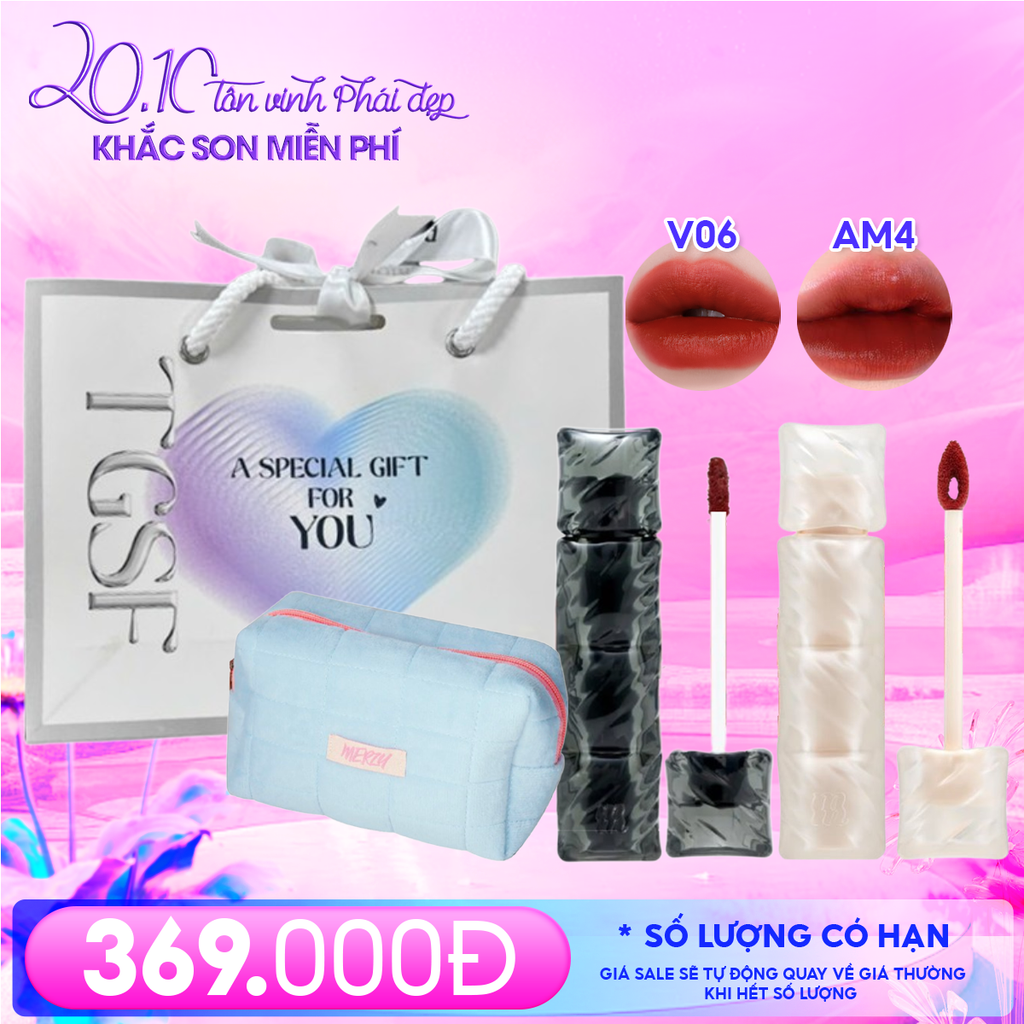 Combo Quà Tặng 20/10: Túi Đựng Make Up Merzy + Son Kem Lì Merzy 3.7g #V6 PUFFER + Son Kem Lì 3.7g #AM4 Leather Bookmark + Túi Quà Vừa #Trắng