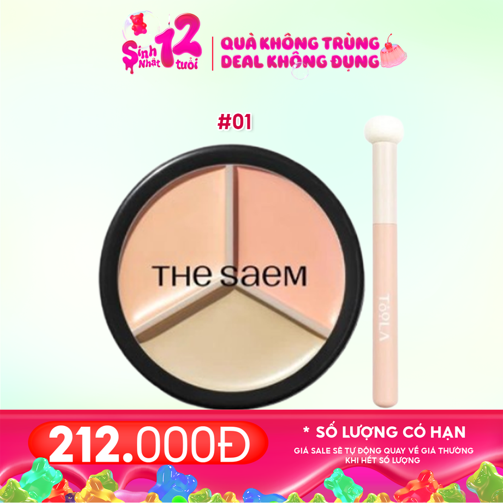Combo 2 Sản Phẩm: Che Khuyết Điểm Triệt Sắc, Che Phủ Cao The Saem 4.5g #01 Correct Beige + Cọ Tán Che Khuyết Điểm Đầu Tròn TOOLA #TLA013
