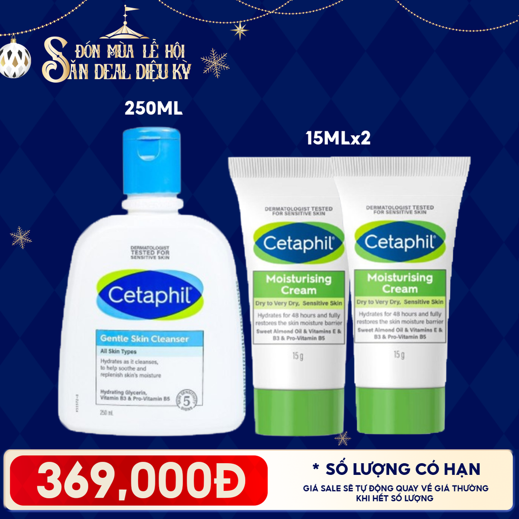 Combo 3 Sản Phẩm Cetaphil: Sữa Rửa Mặt Lành Tính, Dịu Nhẹ, Không Bọt Da Thường, Nhạy Cảm 250ml + 2 Kem Dưỡng Ẩm Dịu Nhẹ, Lành Tính