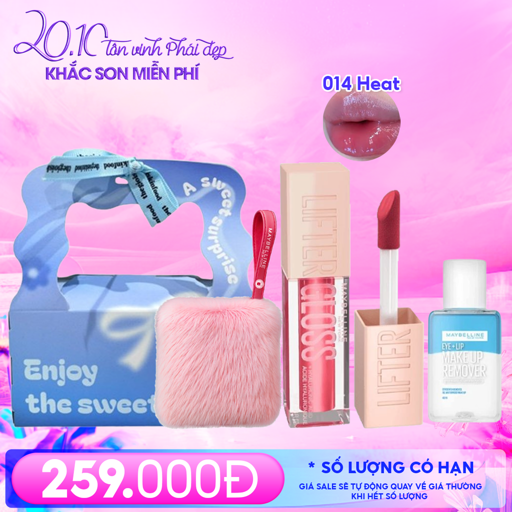 Combo Quà Tặng 20/10: Túi Quà + Son Bóng Căng Mọng Maybelline 014 HEAT + Nước Tẩy Trang Mắt Môi Maybelline 40ml + Túi Lông Màu Hồng