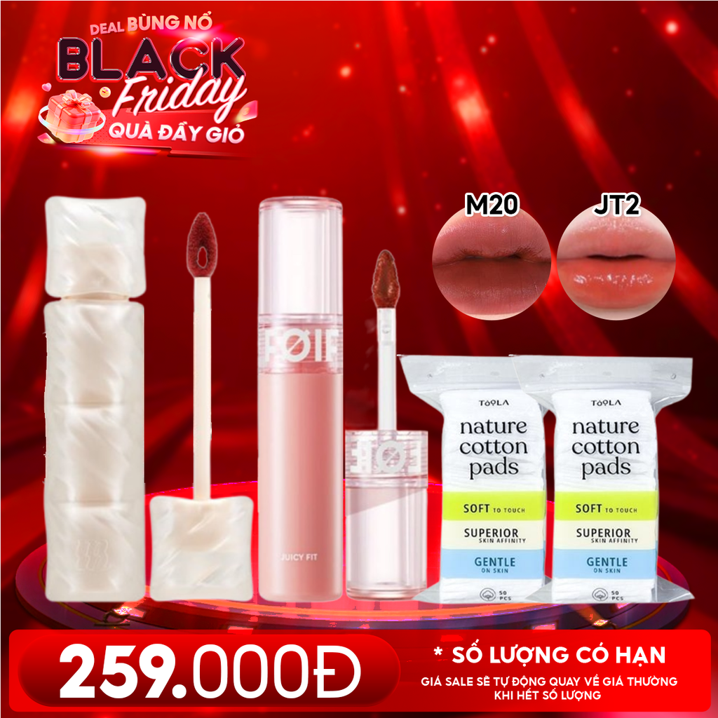 Combo Quà Tặng 20/11: Son Kem Lì Merzy Puffer M20 Fig Glaze + Son Tint Bóng FOIF JT2 Orange Caramel + 2 Bông Tẩy Trang TOOLA - 50 miếng