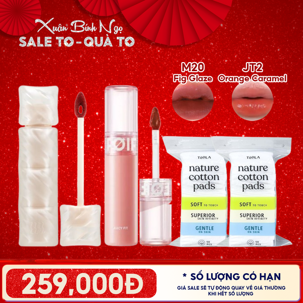  Combo Quà Tặng: Son Kem Lì Merzy Puffer M20 Fig Glaze + Son Tint Bóng Thuần Chay FOIF JT02 Orange Caramel + 2 Bông Tẩy Trang TOOLA - 50 miếng 