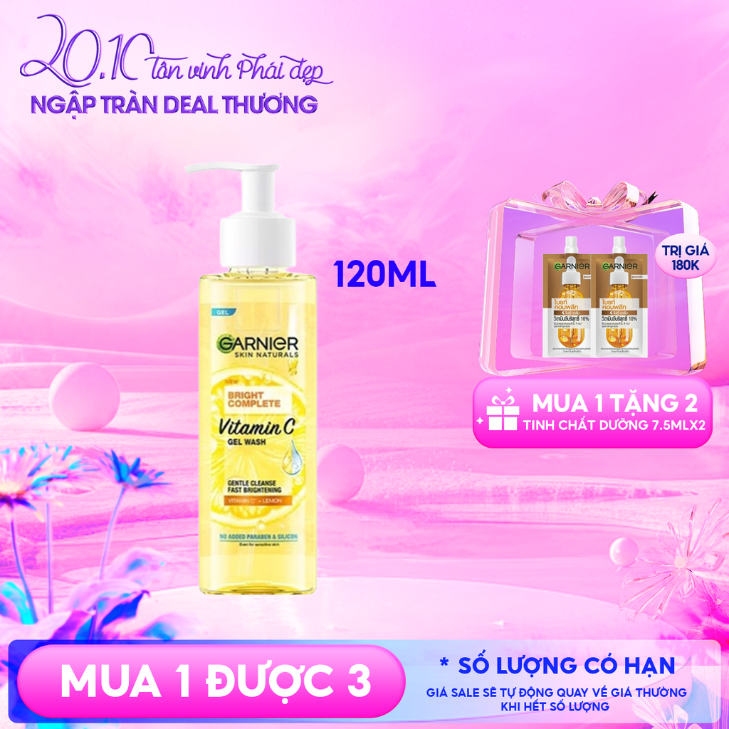 Gel Rửa Mặt Garnier Vitamin C Sạch Sâu Dịu Nhẹ Sáng Da Skin Naturals Bright Complete Vitamin C Gel Wash 120ml