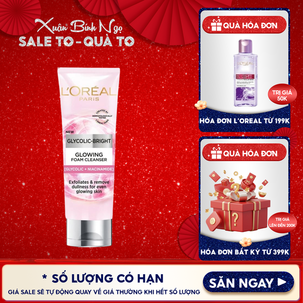  Sữa Rửa Mặt L'oreal Hỗ Trợ Làm Sáng Da Glycolic-Bright Glowing Daily Cleanser Foam 100ml 