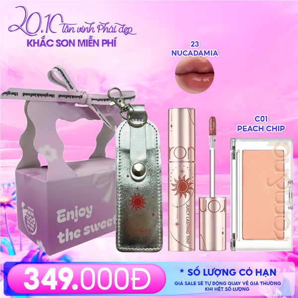  Combo Romand: Son Tint Lì Juicy Solunar Edition + Túi Đựng Son Móc Khóa Solunar + Phấn Má Hồng Better Than Cheek C01 Peach Chip + Túi Quà 