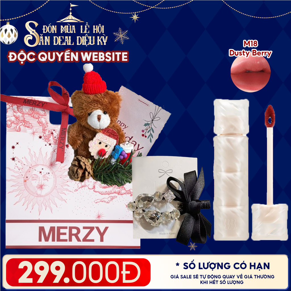 Túi Quà Giáng Sinh: Son Merzy + Kẹp Tóc Ngẫu Nhiên + Set Quà Gấu + Túi Giấy Merzy Holiday