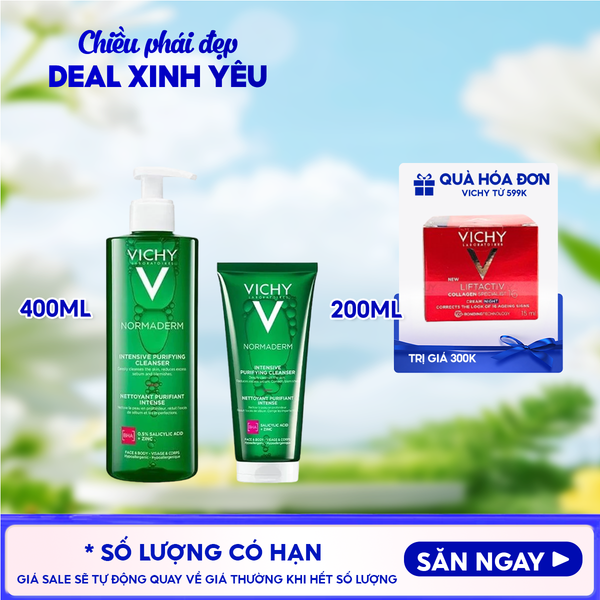  Gel Rửa Mặt Vichy Cho Da Dầu Mụn Làm Sạch Sâu, Giảm Nhờn Laboratoires Normaderm Intensive Purifying Cleanser 