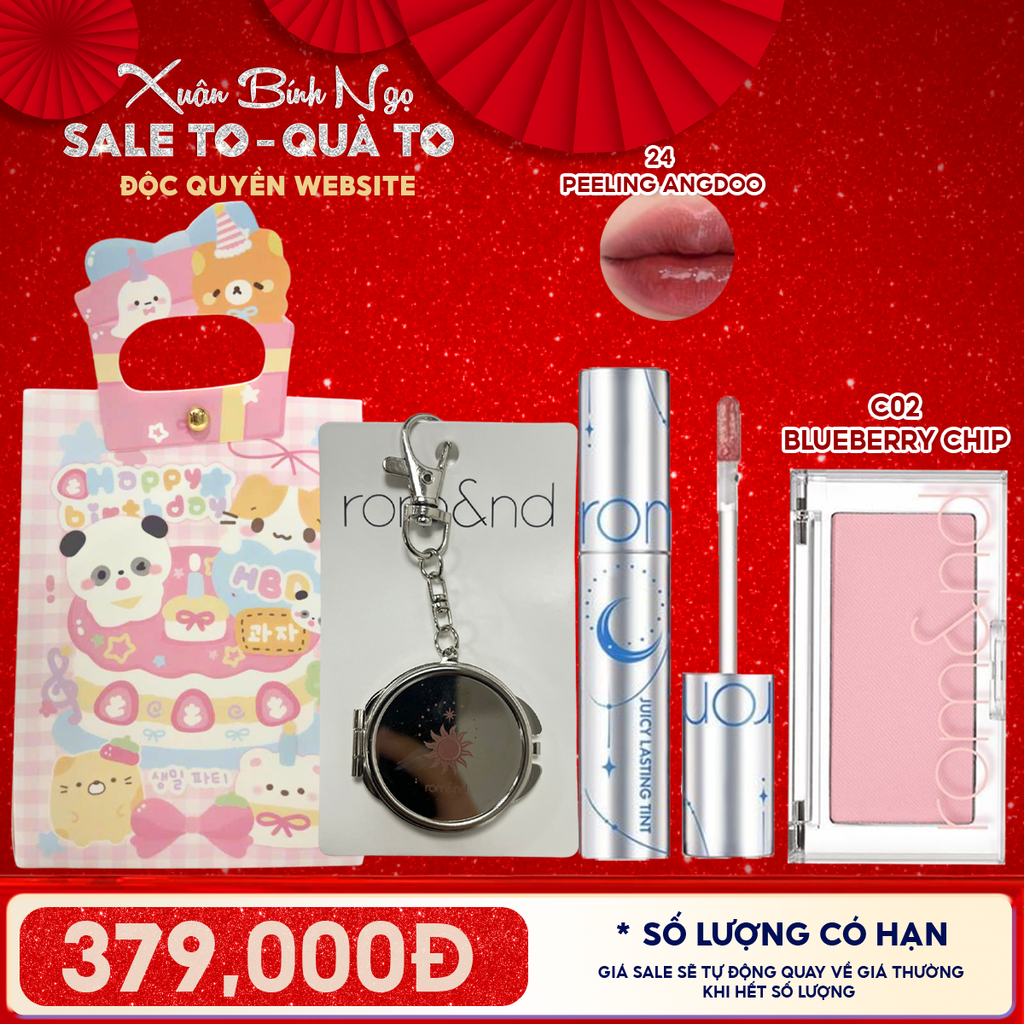 Combo Romand: Son Tint Lì Juicy Solunar Edition + Gương Móc Khóa Romand Solunar + Phấn Má Hồng Better Than Cheek C02 Blueberry Chip + Túi Quà