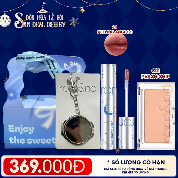  Combo Romand: Son Tint Lì Juicy Solunar Edition + Gương Móc Khóa Romand Solunar + Phấn Má Hồng Better Than Cheek C01 Peach Chip + Túi Quà 