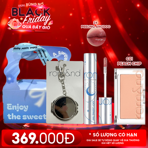 Combo Romand: Son Tint Lì Juicy Solunar Edition + Gương Móc Khóa Romand Solunar + Phấn Má Hồng Better Than Cheek C01 Peach Chip + Túi Quà