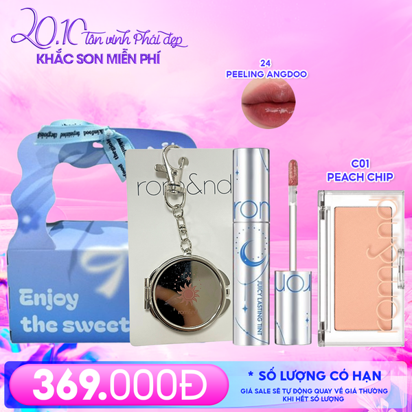  Combo Romand: Son Tint Lì Juicy Solunar Edition + Gương Móc Khóa Romand Solunar + Phấn Má Hồng Better Than Cheek C01 Peach Chip + Túi Quà 