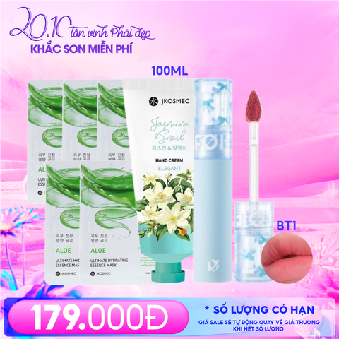 Combo 20/10: Mặt Nạ Jkosmec 25ml #Aloe (5 miếng) + Kem Dưỡng Da Tay Jkosmec 100ml #Jasmine & Snail + Son Kem Lì FOIF 3g #BT1 Heart Blush