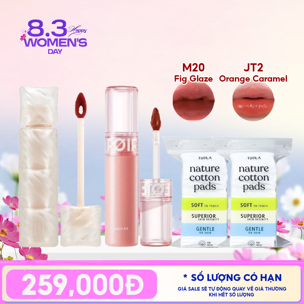 Combo Quà Tặng: Son Kem Lì Merzy Puffer M20 Fig Glaze + Son Tint Bóng Thuần Chay FOIF JT02 Orange Caramel + 2 Bông Tẩy Trang TOOLA - 50 miếng