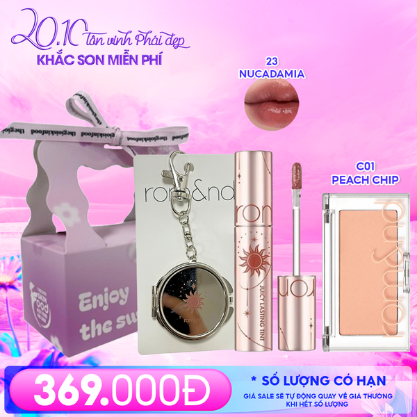  Combo Romand: Son Tint Lì Juicy Solunar Edition + Gương Móc Khóa Romand Solunar + Phấn Má Hồng Better Than Cheek C01 Peach Chip + Túi Quà 