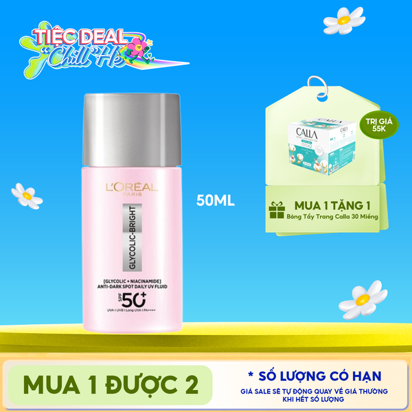  Sữa Chống Nắng Phổ Rộng L'oreal Mỏng Nhẹ, Hỗ Trợ Dưỡng Sáng, Giảm Mờ Thâm Nám Glycolic-Bright Anti-Dark Spot Daily Uv Fluid SPF 50+/PA++++ 50ml 