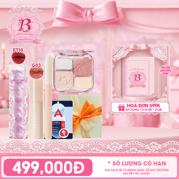  [HỘP QUÀ YÊU THƯƠNG] Son Tint Merzy Water Fit Blur Tint + Son Tint Bóng Judydoll Glazed Lip Gloss + Bảng Phấn Má Hồng VEECCI + Cọ Tán Son TOOLA + Măt Nạ Giấy Foodaholic + Hộp Quà Ngẫu Nhiên 