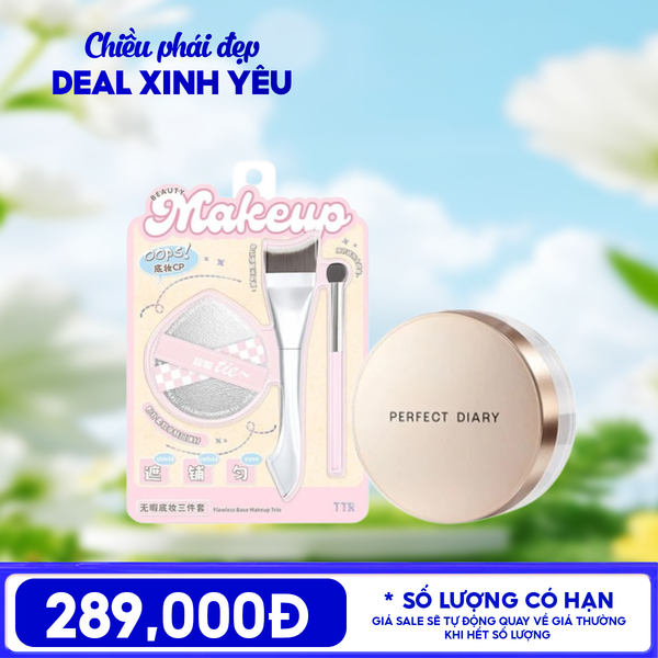  Combo Khóa Nền: Phấn Phủ Perfect Diary Weightless Soft-Velvet Blurring Loose Powder 7g + Set Bông Mút Và Cọ Trang Điểm TTR Brush and Makeup Puff 