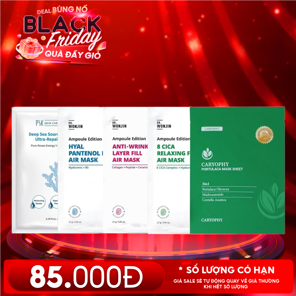 Combo 5 Mask: Mặt Nạ PSK Deep Sea Source Extraction Ultra-Repairing + Dr.Wonjin #8 CICA + Dr.Wonjin #Anti-Wrinkle + Dr.Wonjin #Hyal Pantenol + Mặt Nạ Cho Da Dầu Mụn Caryophy Portulaca