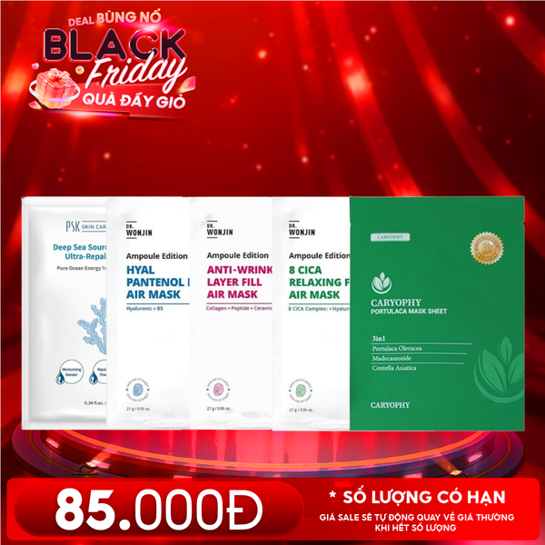  Combo 5 Mask: Mặt Nạ PSK Deep Sea Source Extraction Ultra-Repairing + Dr.Wonjin #8 CICA + Dr.Wonjin #Anti-Wrinkle + Dr.Wonjin #Hyal Pantenol + Mặt Nạ Cho Da Dầu Mụn Caryophy Portulaca 