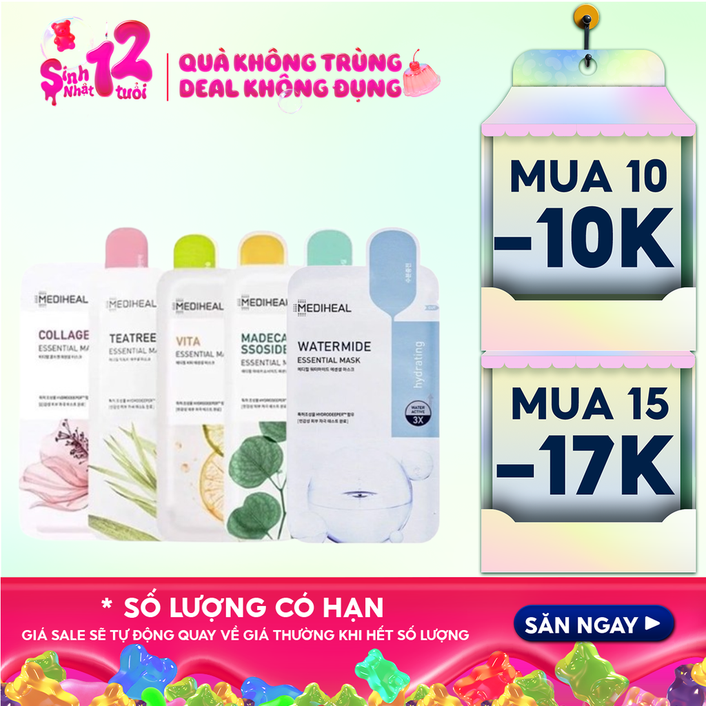 Mặt Nạ Miếng Mediheal Cấp Ẩm, Hỗ Trợ Dưỡng Trắng, Cải Thiện Nếp Nhăn Essential Mask (Teatree, Collagen, Vita, Placenta, Watermide, Madecassoside)