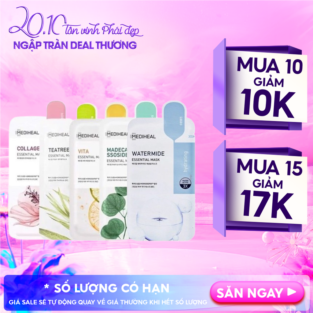 Mặt Nạ Miếng Mediheal Cấp Ẩm, Hỗ Trợ Dưỡng Trắng, Cải Thiện Nếp Nhăn Essential Mask (Teatree, Collagen, Vita, Placenta, Watermide, Madecassoside)