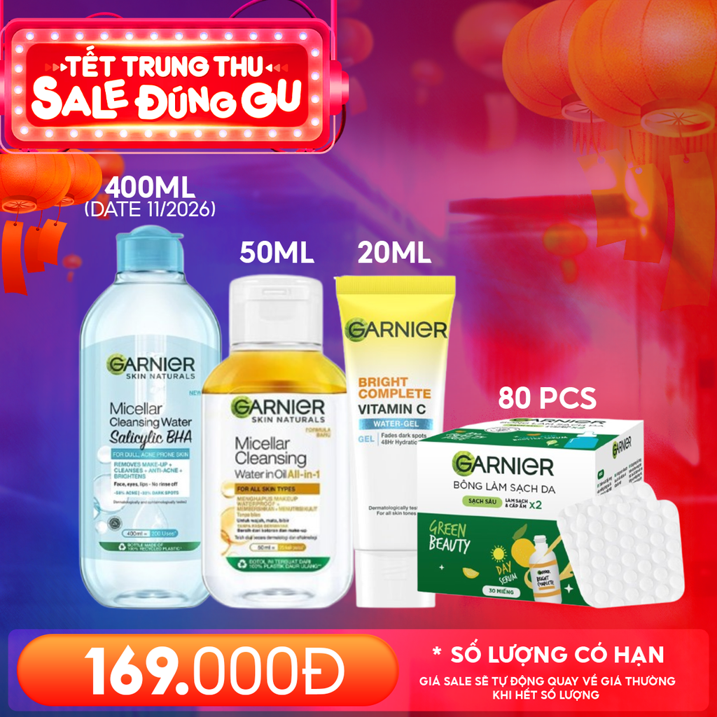 Combo Garnier 4 Sản Phẩm: Nước Tẩy Trang Cho Da Dầu Mụn Garnier 400ml (date 11/2026) + Bông Tẩy Trang Garnier 80 miếng + Gel Dưỡng Ẩm Sáng Da Garnier 20ml + Nước Tẩy Trang Làm Sạch Sâu Garnier 50ml