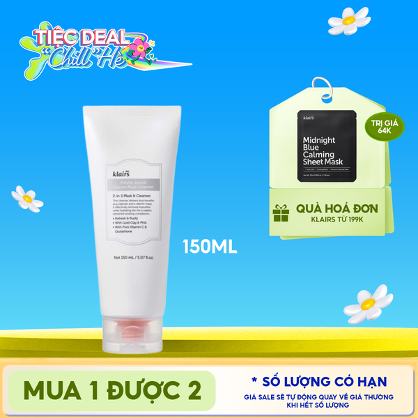 Sữa Rửa Mặt Klairs Hỗ Trợ Làm Sáng Da, Cải Thiện Lỗ Chân Lông Freshly Juiced Vitamin Mask Cleanser 150ml 